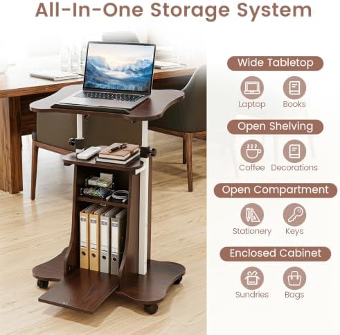 GIANTEX Mobile Podium Stand, Sit-to-Stand Laptop Cart (1 Pack,Brown)