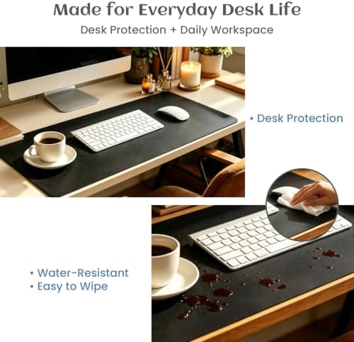 Leather Desk Pad Protector, Large Office Faux Leather Desk Mat, Non-Slip Large Mouse Pad, Flexible Desktop Dry Erase Planning Sheets Included - 16"x34" Obsidian Black