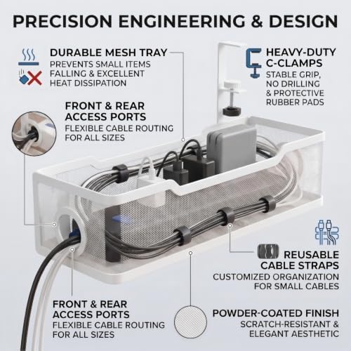 Under Desk Cable Management Tray, No Drill Cable Organizer for Desk, Metal Wire Management Basket with Clamp Mount, Cord Organizer Holder for Standing Desk, Home Office and Gaming Setup