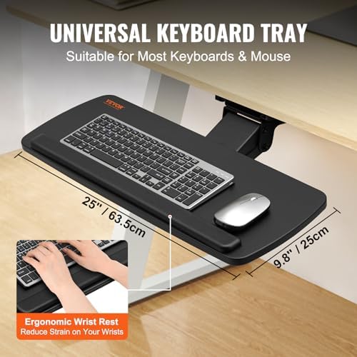 VEVOR Under-Desk Keyboard Tray, Adjustable for Height and Tilt, Slide-Out Design, Spacious 25x9.8 Inch Surface, Ideal for Home and Office Use