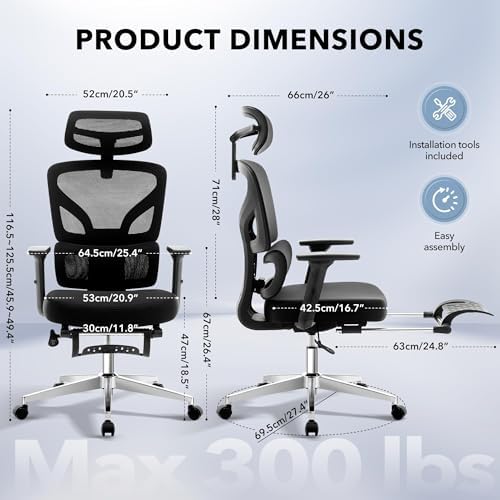 Ergonomic Mesh Office Chair with Footrest, 135° Reclining, Black