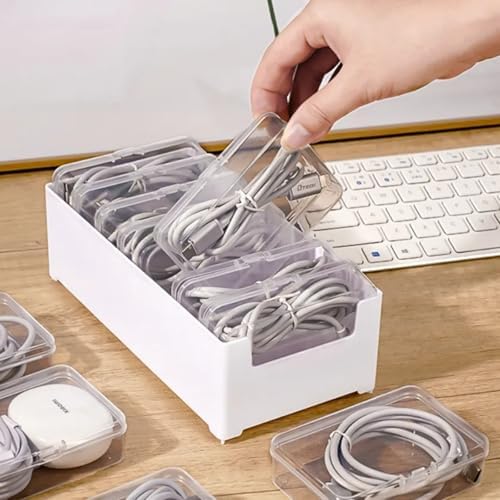 RayHenry 2 PCS Cable Organizer Box with 7 Clear Switch Case, Desktop Charger Cord Storage Organizer Box for Home Office Desk Accessories Wire Organization Stationery Supplies (white)