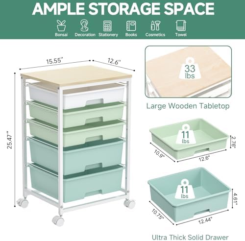 SYKIARIOL Rolling Cart with Drawers,5 Drawers Storage Cart,Light Green