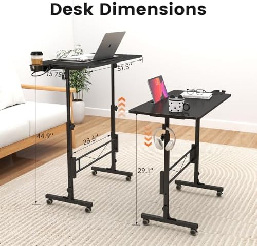 Hadulcet Small Standing Desk Adjustable Height, Mobile Stand Up Desk with Wheels, Portable Walking Pad Table Stand, Rolling Laptop Cart for Standing or Sitting, Black