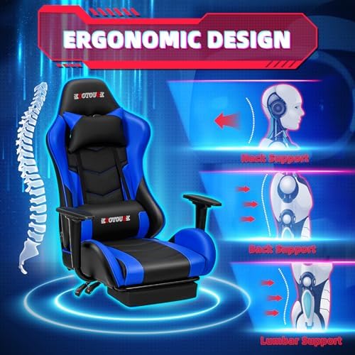 ECOTOUGE Blue Ergonomic PC Massage Gaming Chair with Footrest
