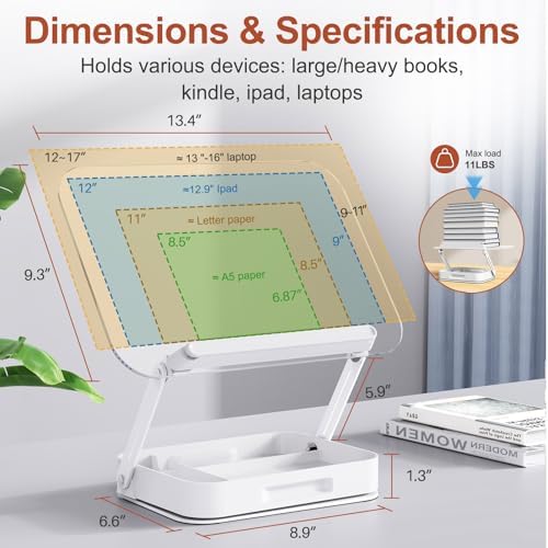 BYMECOST Acrylic Book Stand for Reading, Book Stand with Storage, White