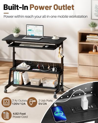 Rolling Computer Desk with Power Outlet, Adjustable Height Portable Desk