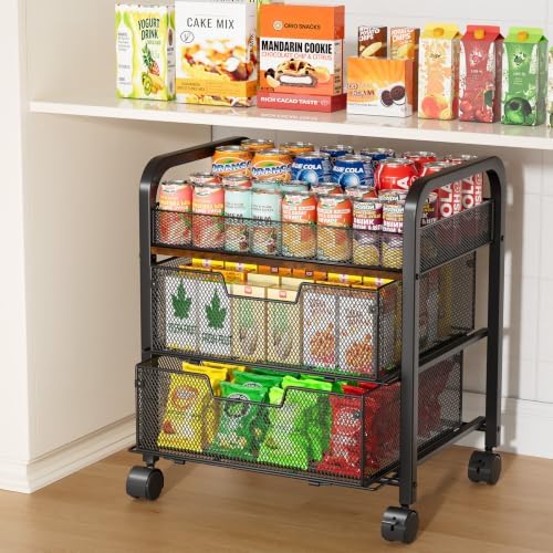 HapiRm 3 Tier Rolling Pantry Organizer Cart- Snack Storage Cart with Wheels