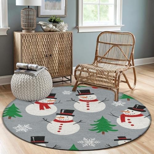 Large Home Decor Mat, Soft Round Yoga Carpet, Non Slip Machine Washable Kitchen Office Circle Rug Snowman and Snowflake Pattern