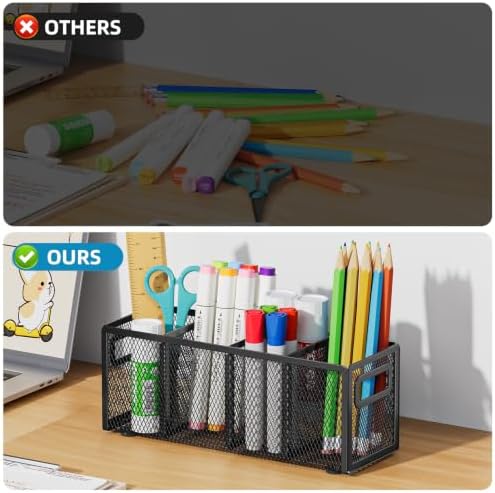 Marbrasse Mesh Pen Holder for Desk, Pencil Holder Desk Organizer 3 Adjustable Compartments, Pencil Cup with Handle Perfect for Classroom, Office, Home, Makeup, Art (4 Compartments - Black)