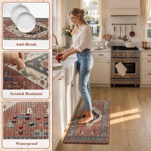 KIMODE Anti Fatigue Mat for Kitchen Floor,Boho Oriental Kitchen Rug Red
