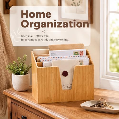 Suzile Bamboo Wall Mounted File Folder Holder Organizer, 3-tier Vertical File Organizer Wooden Sorter Rack for Office, Home, Desktop, Desk Letter Mail Document Storage, 13" x 4.5" x 11.5"