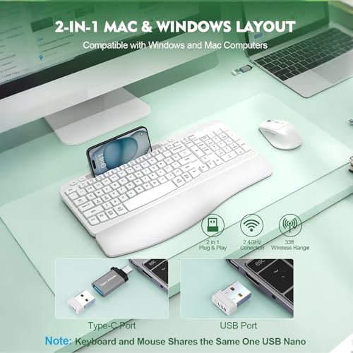 Wireless Keyboard and Mouse Combo, Full-Sized Ergonomic Wave Keys Keyboard with Memory Foam Wrist Rest & Phone Holder, 2.4G Quiet Keyboard Mouse Work Setup for PC Laptop, Office or Home (White)