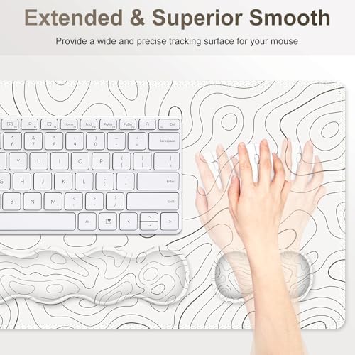 Gaming Mouse Pad Keyboard Wrist Support, 4 in1 Mousepad with Wrist Keyboard Rest, Computer Desk Mat, Non-Slip Desk Pad Protector with Memory Foam Easy Typing Pain Relief I White Topographic