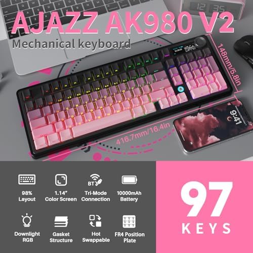 NACODEX Ajazz AK980 V2 Pink Gaming Machanical Keyboard Gift Switch Full Size RGB Gasket Mount 10000mAh Triple Modes Custom Keyboard with Five Layer Pad | Knob Control