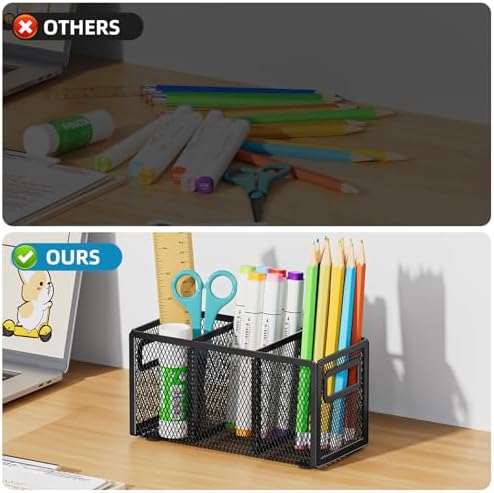 Marbrasse Mesh Pen Holder for Desk, Pencil Holder Desk Organizer 3 Adjustable Compartments, Pencil Cup with Handle Perfect for Classroom, Office, Home, Makeup, Art (Black)