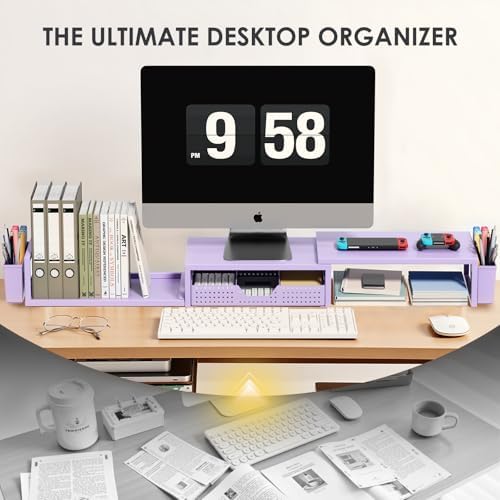 OPNICE Desk Organizers and Accessories, Dual Monitor Stand Riser with Drawer and 2 Pen Holders, Desk Shelf Printer Stand for Office Workspace Organizers, Desktop Organization (Purple)