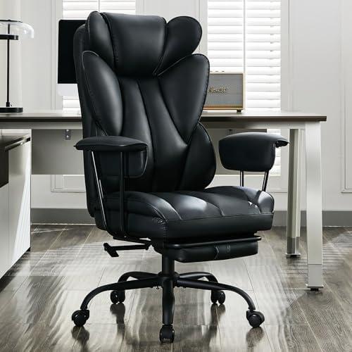 Big and Tall Office Chair,High Back Leather Gaming Chair with Footrest,Lumbar Support,Outward Fixed Soft Armrests,Wide Ergonomic Desk Chair (Black)