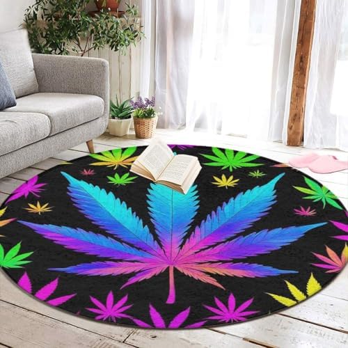 Large Machine Washable Circular Rugs, Home Decor Round Mat for Living Room Sofa Office Cool Trippy Weed Neon Tie Dye
