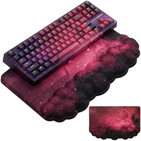 Computer Keyboard Stand Pad with Wrist Rest Dark Pink Cloud Keyboard Pad Support with Comfortable Black Galaxy Stars Wrist Pad Cute Girl Ergonomic Tilted Keyboard Riser Holder for Desktop Office Home