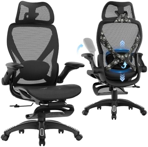 ELABEST X100 Ergonomic Mesh Office Chair with Footrest, Big and Tall Home Desk Chair with 5D Flip-Up Arms, Adjustable 3D Lumbar Support, Gaming & Executive Computer Chair (Night Reaper)