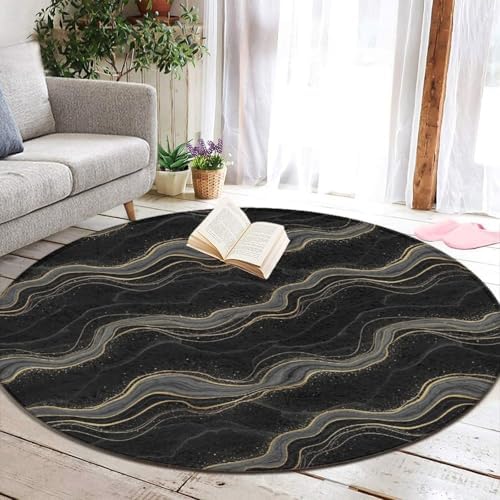 Soft Round Yoga Carpet, Large Home Decor Mat, Non Slip Machine Washable Kitchen Office Circle Rug Black Marble Gold Line, 60inch