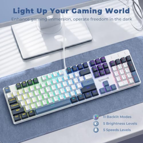 Redragon Mechanical Gaming Keyboard Wired, 11 Programmable Backlit Modes, Hot-Swappable Red Switch, Anti-Ghosting, Double-Shot PBT Keycaps, Light Up Keyboard for PC Mac, Blue