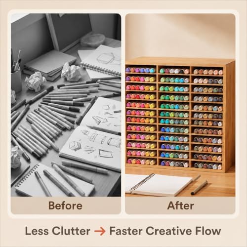 Marker Organizer for 180 Markers Bamboo Wooden Desk Storage Organizer Rack Bamboo Marker-Organizer All-in-One Marker Storage for Art Markers, Brush Pens, Pencils