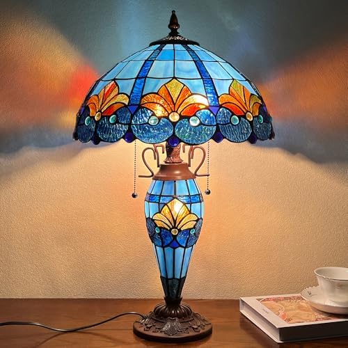 Tiffany Lamp 3-Lights Blue Stained Glass Table Lamp for Living Room