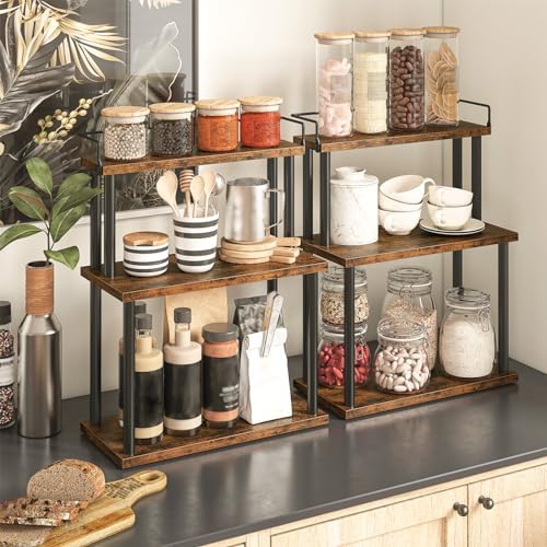 HOOBRO Kitchen Countertop Organizer, Moveable Corner Shelf, Desktop Storage Organizer for Countertop, Office Desk, Living Room, Rustic Brown and Black BF02TL01