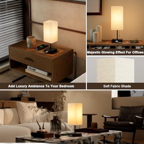 YIDPU Table Lamp for Bedroom,Nightstand Lamp for Bedside with AC Outlets,Adjustable 3color LED Light Desk Lamp for Home Decor,Included Bulb and Lamp Shade (Linen White-onlyAC, 2PCS)