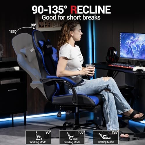 Gaming Chair, Video Game Chair with Footrest and Massage Lumbar Support, Height Adjustable Ergonomic Computer Chair with Swivel Seat and Headrest for Home Office Gaming, Blue
