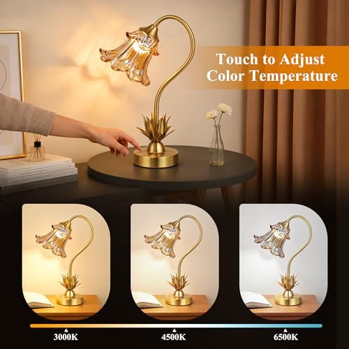 PARTPHONER Cordless Flower Table Lamp with Glass Lampshade, 5000mAh Rechargeable Battery, 3-Color Dimmable Touch Control, Portable Desk Lamp for Nightstand, Patio, Camping, Restaurant & Home, Amber