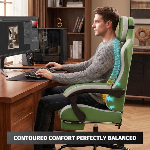 Honeycomb Embossed Gaming Chair with Footrest & Massage Lumbar Support, Adjustable Ergonomic Office Chair for Adults, 300 lbs (Green White)