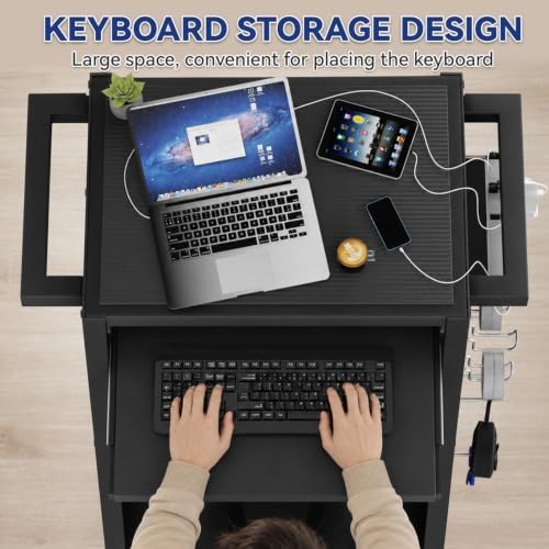 Mobile AV Cart with Pullout Keyboard Tray Media Utility Cart with Pegboard Hooks 4 Outlets & Push Handles Rolling Computer Cart with Lock Brake Wheels Mobile Computer Workstation