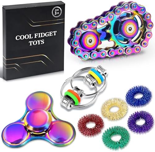 8Pcs Fidget Toys Adults Fidgets Spinner Autism Sensory Pack Spiky Sensory Rings for Anxiety Metal Bike Chain Roller Cool Gadgets for Teen Boys ADHD Silent Stress Relief Office Desk Toy Adults Gift