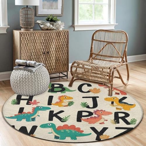 Large Home Decor Mat, Soft Round Yoga Carpet, Non Slip Machine Washable Kitchen Office Circle Rug Dinosaur