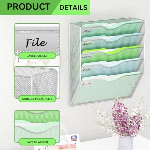 5 Pockets Hanging Wall File Organizer Mail Holder, Wall Mounted Paper Document Folder Holder, Clipboard Storage Organization Magazine Rack, Silver
