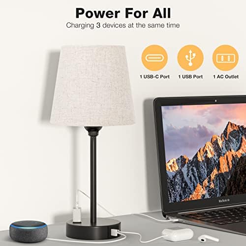 Bedside Table Lamps Set 2 for Bedroom - Dimmable Touch, USB C+A, AC Outlet