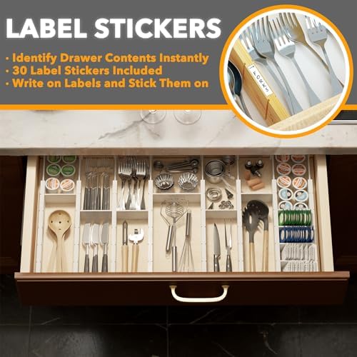 SpaceAid Bamboo Drawer Dividers with Inserts and Labels, Kitchen Adjustable Drawer Organizers, Expandable Organization for Home, Office, Dressers, 10 Dividers with 24 Inserts (17"-22" White)