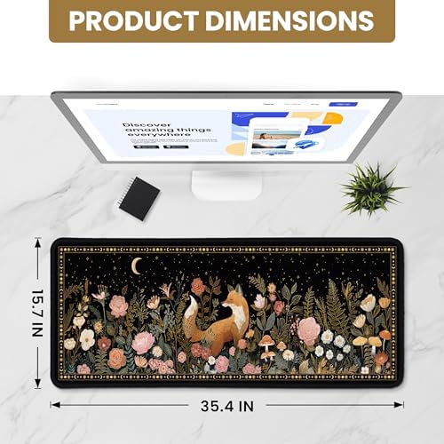Aesthetic Desk Mat, Cute Wildwood Fox Desk Pad Protector for Work & Decor, 35.4" x 15.7", Pretty Non-Slip Extended Mouse Pad for Office or Home