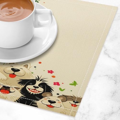 Cute Dogs Floral Linen Placemats Set of 4PCS, Heat Resistant Non-Slip Washable Table Placemats for Dining Everyday Use Hotel Banquet Home Decor