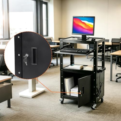 AV Cart with Wheels and Power, Locking Cabinet and Keyboard Tray