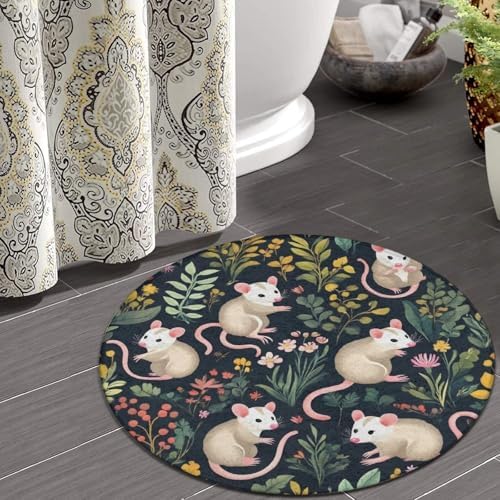 Women's Large Home Decor Mat, Soft Round Yoga Carpet, Non Slip Machine Washable Home Office Circle Rug Green Leaves Opossum Floral