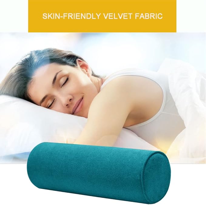 Cylinder Round Memory Foam Support Pillows Cervical Neck Roll Pillow with Pillowcase Soft, Comfortable and Breathable for Sleeping, Chair, Car, Sofa，Travel- Lake Blue24X6
