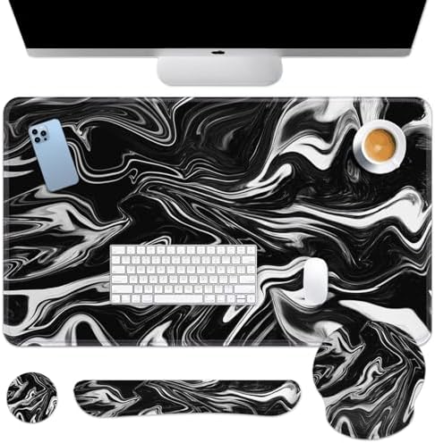 Britimes Keyboard Mouse Pad Set, 4 in 1 Desk Mat Set, Black White Marble
