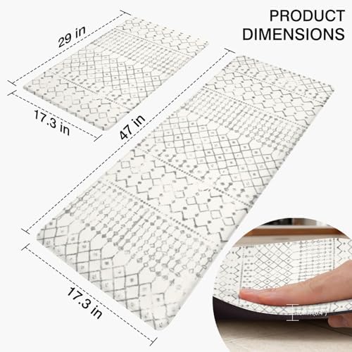 Boho Kitchen Mats for Floor 2PCs, 17.3"x47"+17.3"x30", White