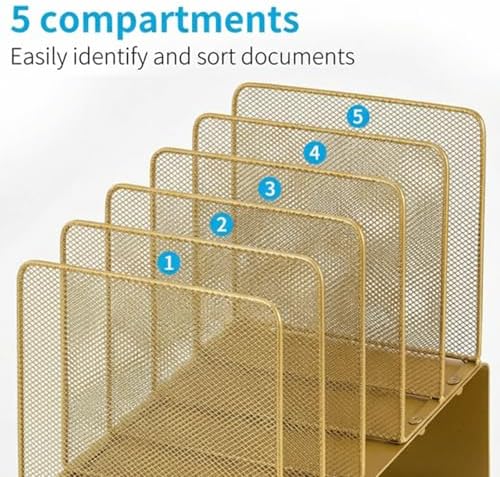 LEKETREE File Organizer for Desk, File Folder Organizer with 5-Section Vertical Rack, Suitable for Home Office Document Organization and Storage(Gold)