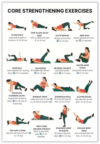 Core Strengthening Workout Poster, 16 Illustrated Abdominal Training Chart with Timing & Rep Guides, Bodyweight Abs & Obliques Exercise Reference for Home Gym Beginner Core Stability Fitness Routine(8x12inchs，Unframed)