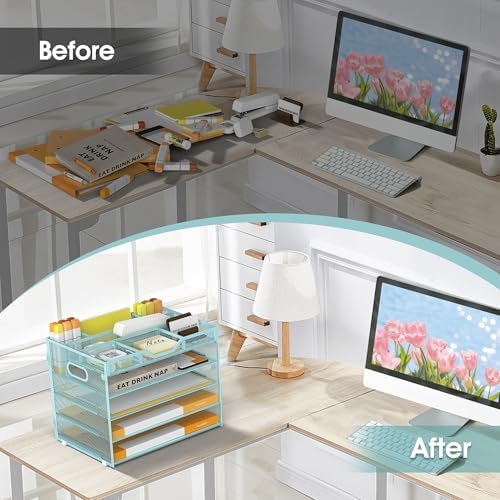 5 Tier Paper Letter Tray Desk Organizer with Pen Holders - Blue